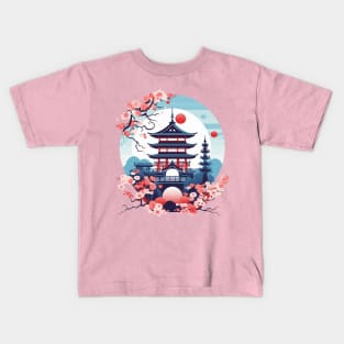 japanese landscape with pagoda and cherry blossoms Kids T-Shirt